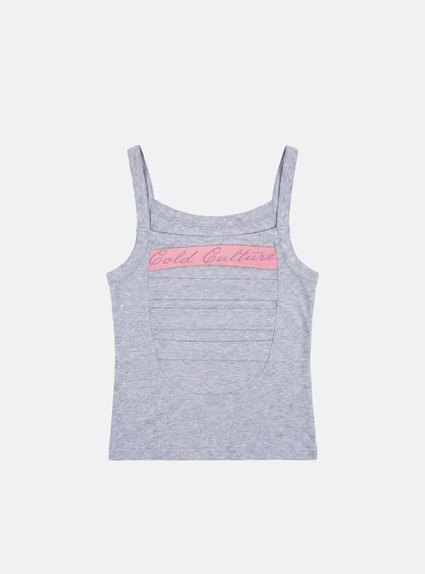 Vista frontal del top de tirantes Strapline Tank Top Mujer de Cold Culture en gris jaspeado, con escote cuadrado y logotipo sobre una franja rosa.
