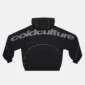 Parte trasera de la sudadera con cremallera negra Cold Culture Stud, con logotipo grande y detalles de tachuelas metálicas