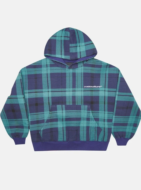 Sudadera Cold Culture Two Faces en navy y verde con estampado de cuadros, capucha, bolsillo canguro y logotipo en el pecho