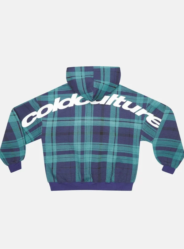 Parte trasera de la sudadera Cold Culture Two Faces en navy y verde con estampado de cuadros y gran logotipo blanco
