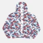 Vista trasera de la sudadera Vertical de Cold Culture en camuflaje multicolor, con gran logotipo blanco vertical desde la capucha hasta la espalda y puños ajustados.