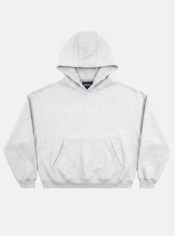 Cold Culture Vertical Sudadera Heather Grey – Vista frontal del producto Vista frontal de la sudadera Vertical Heather Grey de Cold Culture, con capucha, gráficos blancos en el pecho, bolsillo canguro y puños acanalados.