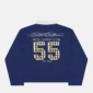 Vista trasera del polo Windsor Longsleeve Polo Navy de Cold Culture en azul marino, con logotipo, texto Worldwide Club y número 55 de cuadros amarillos.