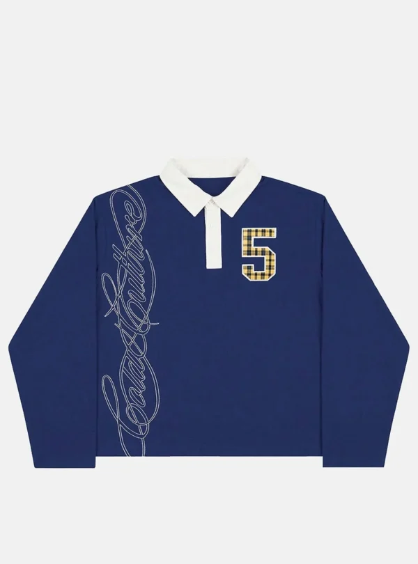 Polo de manga larga Windsor Longsleeve Polo Navy de Cold Culture, azul marino, con cuello blanco, bordado vertical y número 5 de cuadros en el pecho.