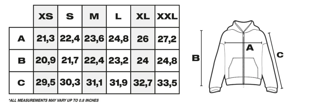 Tabla de medidas de sudaderas con capucha en pulgadas