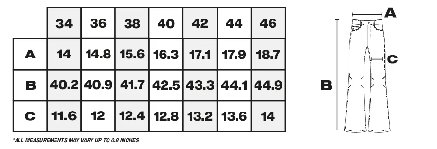 Tabla de medidas de pantalón en pulgadas