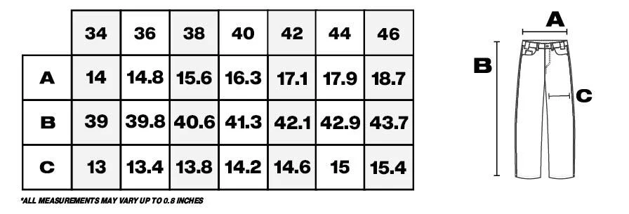 Tabla de medidas de pantalones en pulgadas