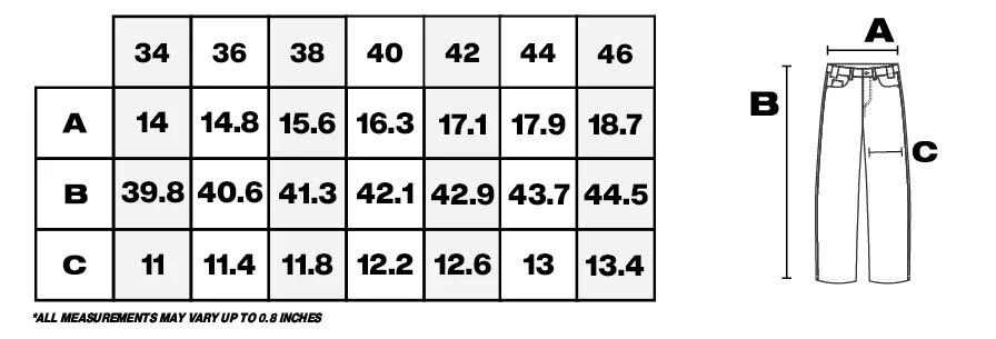 Tabla de medidas de pantalones en pulgadas