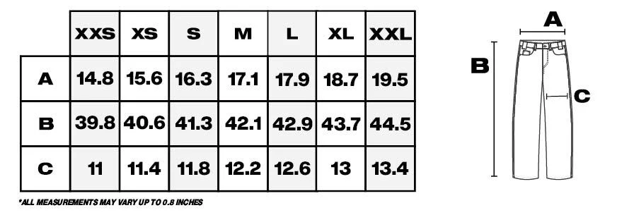 Tabla de medidas de pantalones en pulgadas