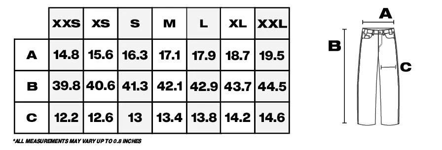 Tabla de medidas de pantalones en pulgadas