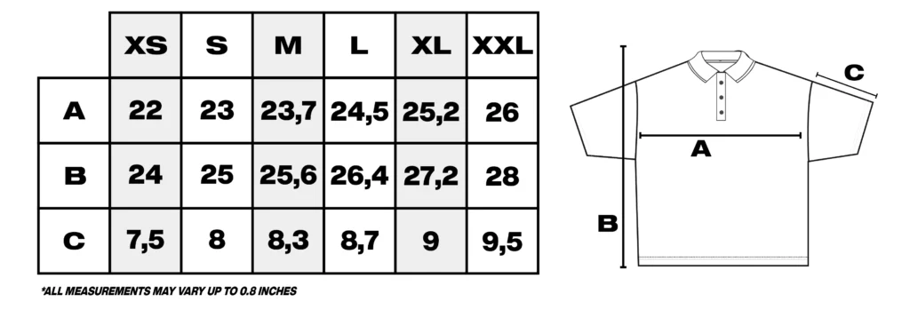 Tabla de medidas de polo en pulgadas