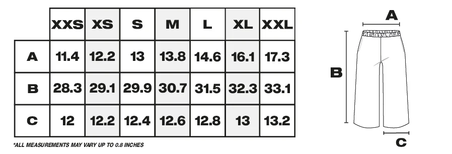 Tabla de medidas de pantalones cortos en pulgadas
