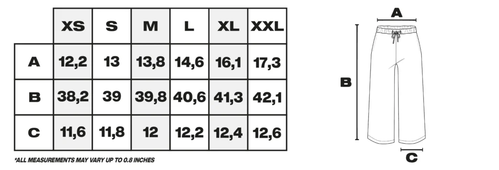 Tabla de medidas de pantalones cortos en pulgadas