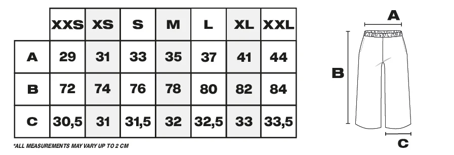 Tabla de medidas de pantalones cortos en cm