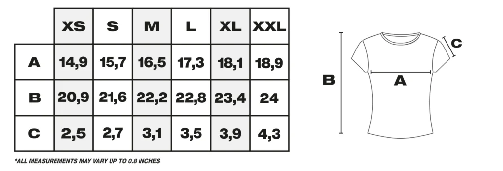Tabla de medidas de camiseta en pulgadas