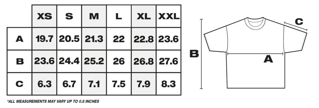 Tabla de medidas de camiseta en pulgadas